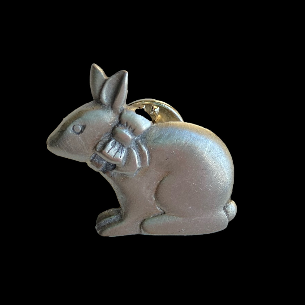 Brushed pewter bunny rabbit pin with bow tack style brooch signed LCD vintage